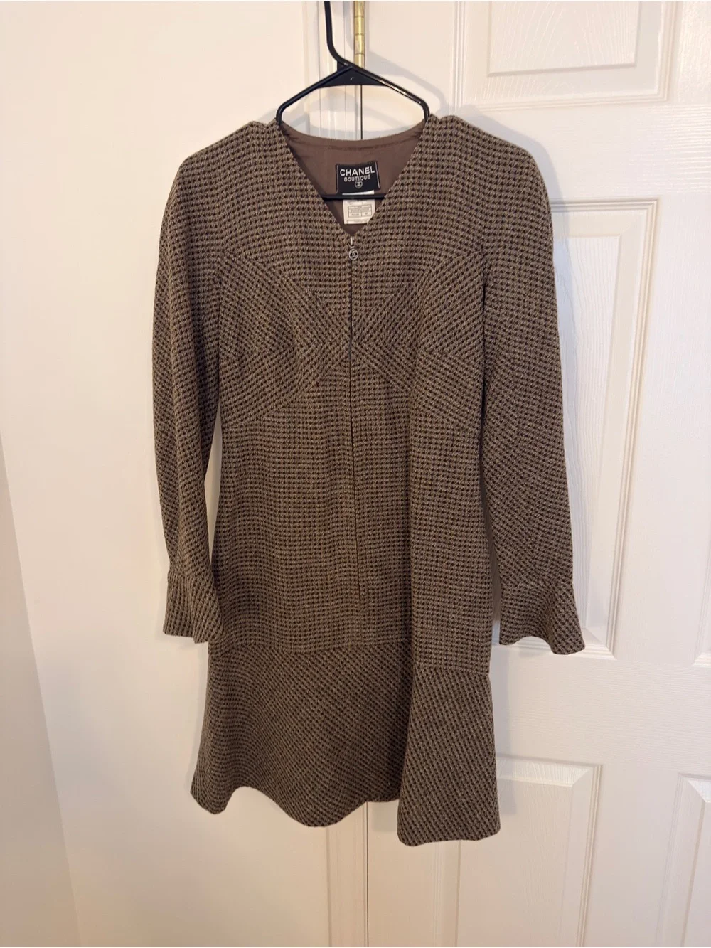CHANEL Olive Brown Textured Knit Midi Dress